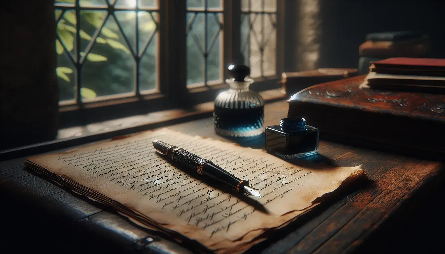 Scrivania in legno scuro con penna stilografica vintage, calamaio di vetro e manoscritto giallito, luce naturale da finestra sfocata.