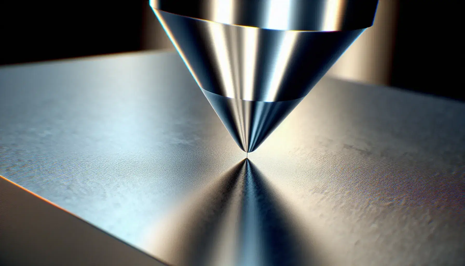 Sharp tip of a tunneling microscope placed over a smooth metal surface to study quantum tunneling properties.