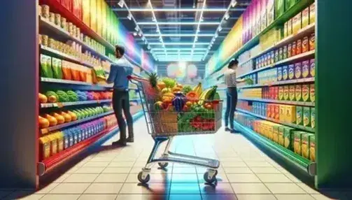 Carrello della spesa pieno di alimenti variopinti in un supermercato, con persone che scelgono prodotti dagli scaffali sfocati.