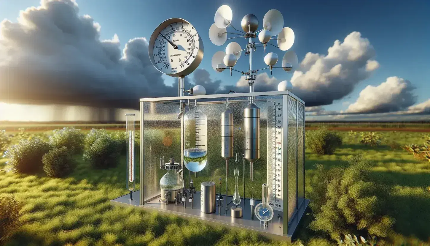 Stazione meteorologica su prato verde con anemometro, pluviometro e termometro in una giornata parzialmente nuvolosa.