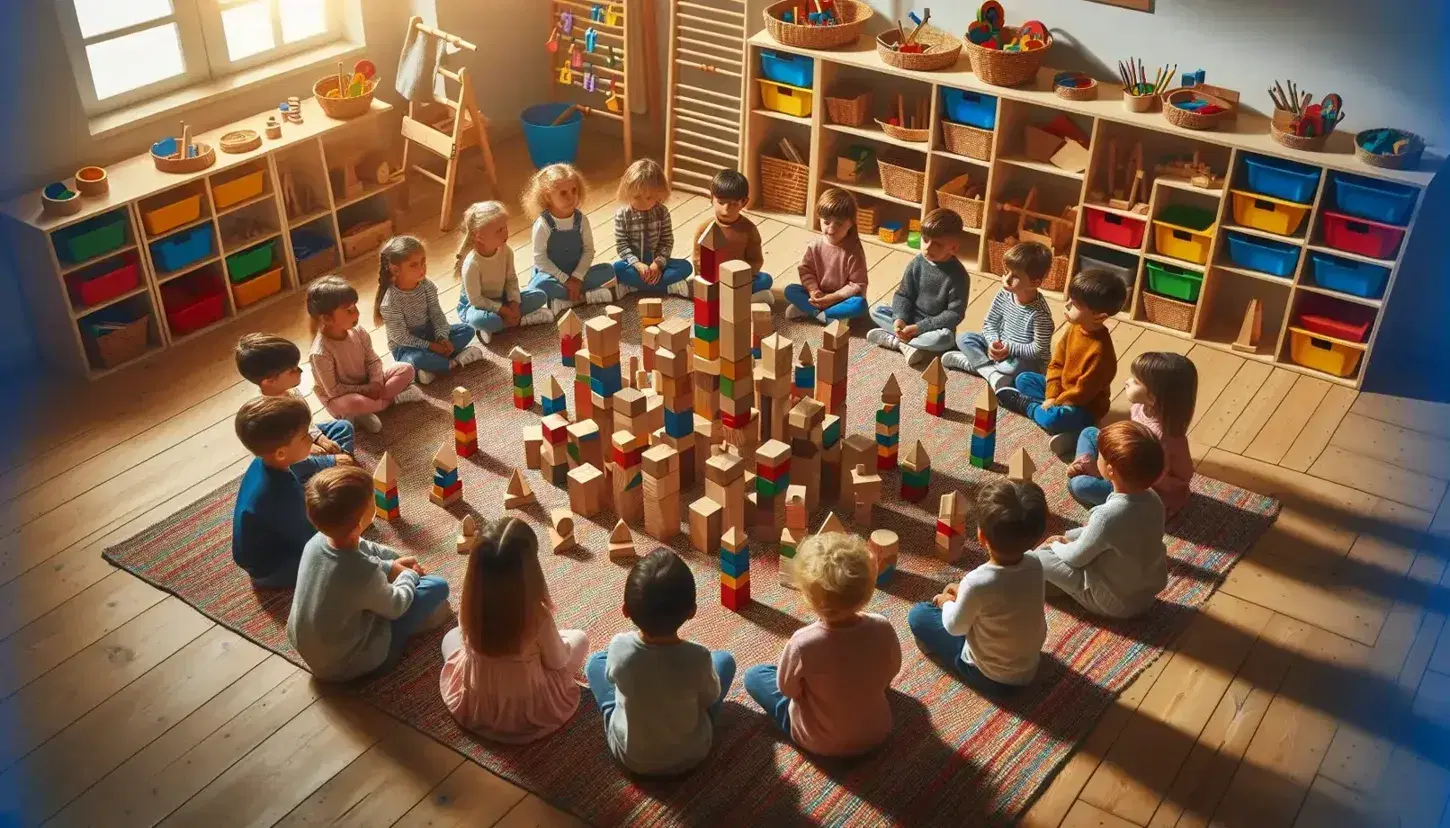 Bambini assorti nel gioco con blocchi di legno colorati su un tappeto variopinto in una luminosa aula scolastica.