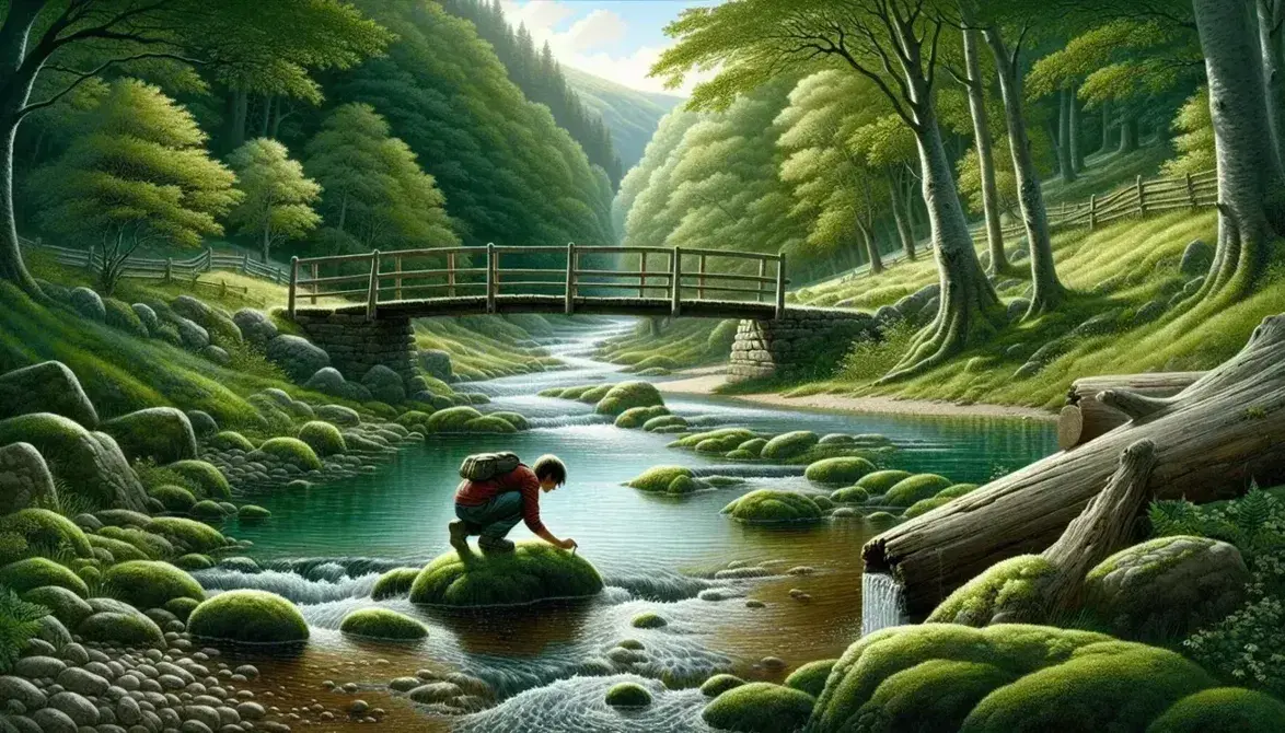 Serene valley landscape with a clear river flowing from a spring, a person on a rustic footbridge, lush greenery, and gentle hills under a partly cloudy sky.