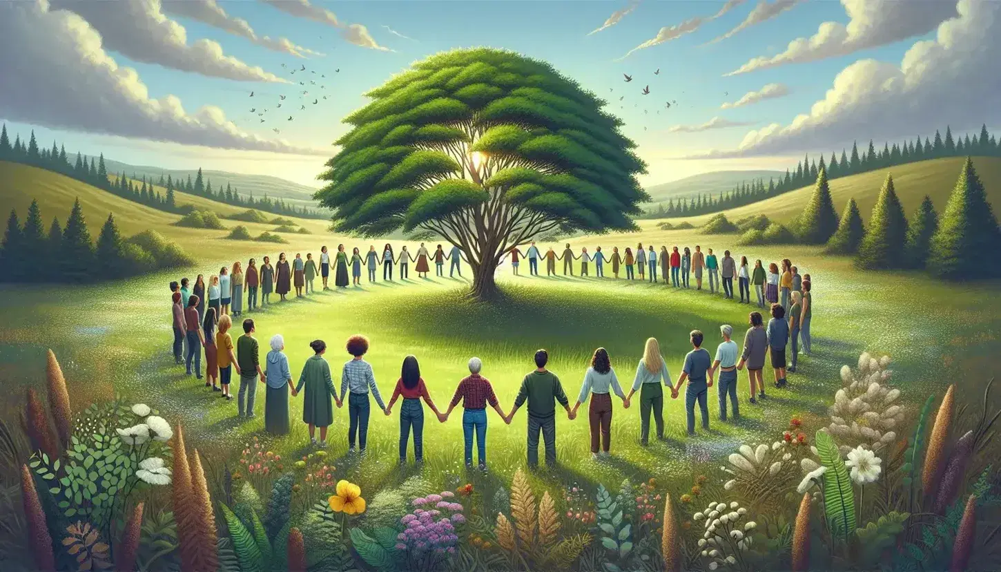 Grupo diverso de personas unidas de la mano en círculo alrededor de un árbol en un parque, transmitiendo unidad y conexión en un entorno natural.