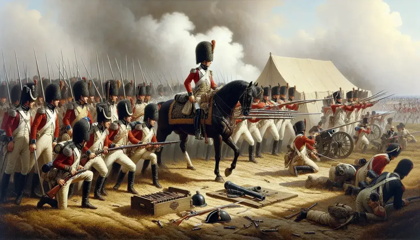 Scena di battaglia del XVIII secolo con soldati in uniformi rosse e bianche, ufficiale a cavallo, cannoni e tende militari sullo sfondo.