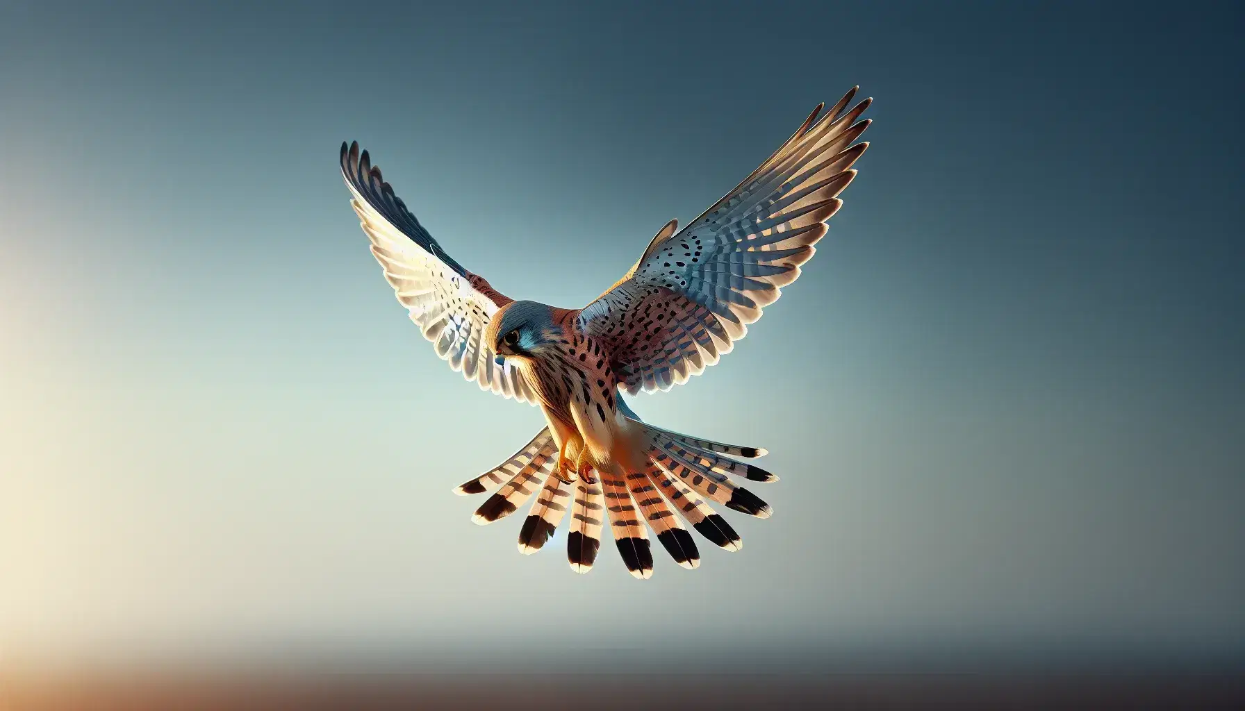 Kestrel in flight with wings spread against a clear blue sky, showcasing its russet-grey plumage and sharp hunting gaze.