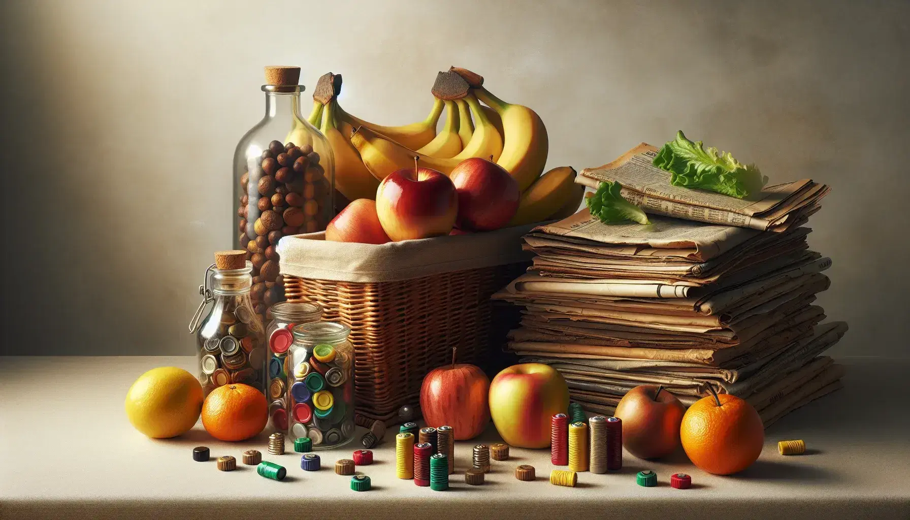 Cesto intrecciato con frutta fresca, bottiglia di vetro con semi, barattolo con tappi colorati, giornali legati e pile di batterie su sfondo neutro.