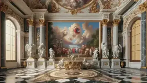 Interior barroco con pintura al óleo enmarcada en oro, columnas de mármol, fresco en techo y escultura junto a mesa con candelabro.