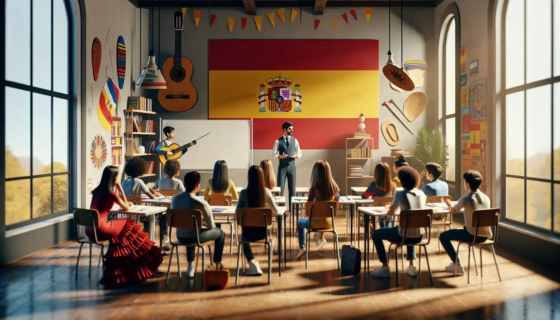 Vibrant Spanish language classroom with students at desks, teacher gesturing, Spanish flag poster, guitar, castanets, and flamenco dress.