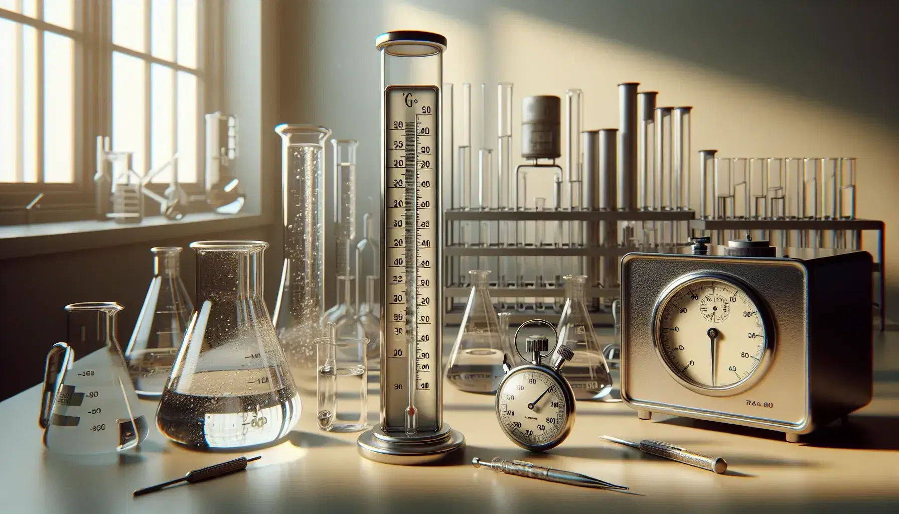 Laboratorio scientifico con termometro a mercurio, calorimetro metallico, becher con liquido e cronometro analogico su tavolo illuminato naturalmente.
