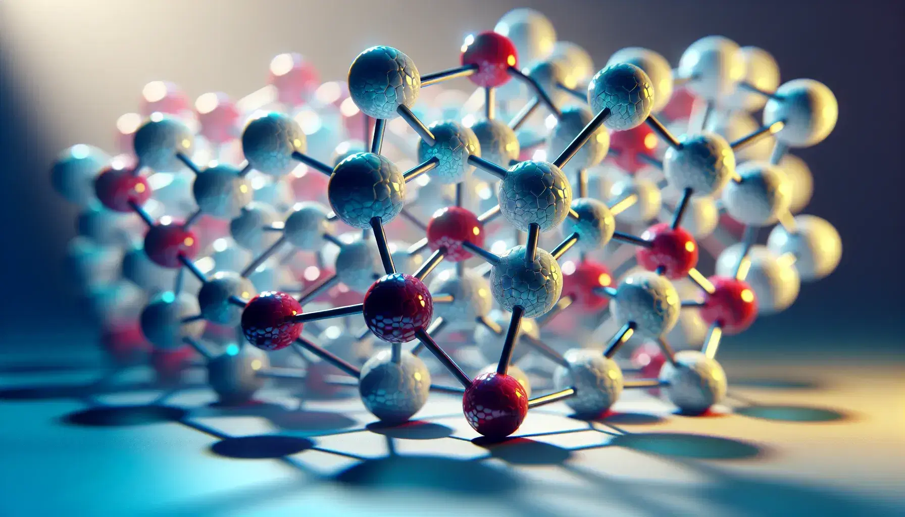 Detailed crystalline structure with colored atoms connected by bonds, highlighting the typical geometric arrangement of crystals.
