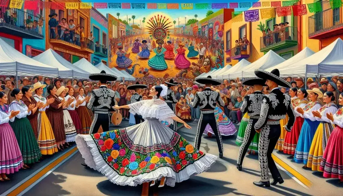 Vibrant Chicano festival street scene with folkloric dancers in traditional costumes, diverse spectators, street vendors, and a colorful mural backdrop.