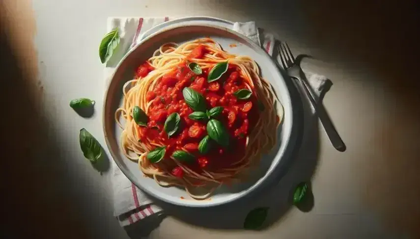 Piatto di spaghetti al pomodoro con foglie di basilico fresco su tovagliolo a quadretti rosso e bianco, forchetta d'argento parzialmente visibile.