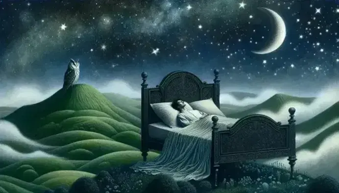 Cielo stellato su paesaggio onirico con colline verdi, letto antico e figura umana addormentata, gufo grigio e riflesso in uno stagno.
