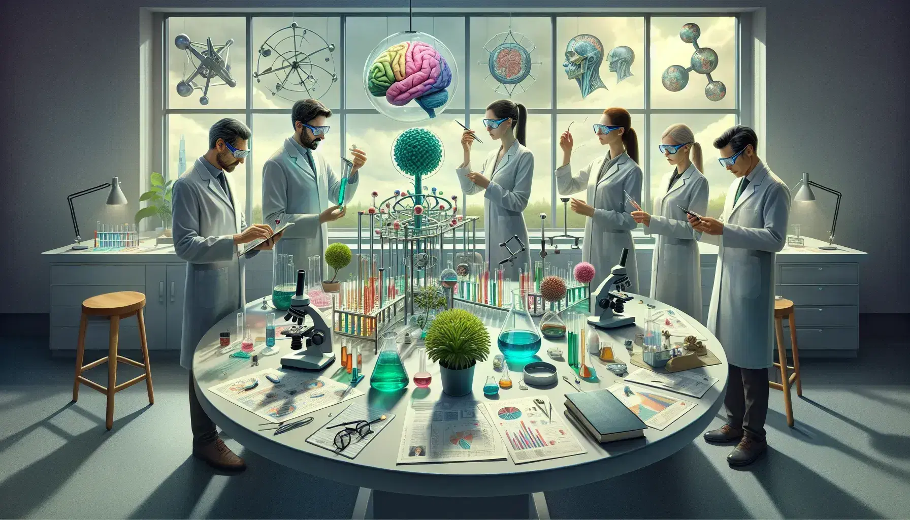 Grupo de cinco científicos colaborando en laboratorio con equipo de investigación como tubos de ensayo, microscopio, planta, modelo cerebral y telescopio.