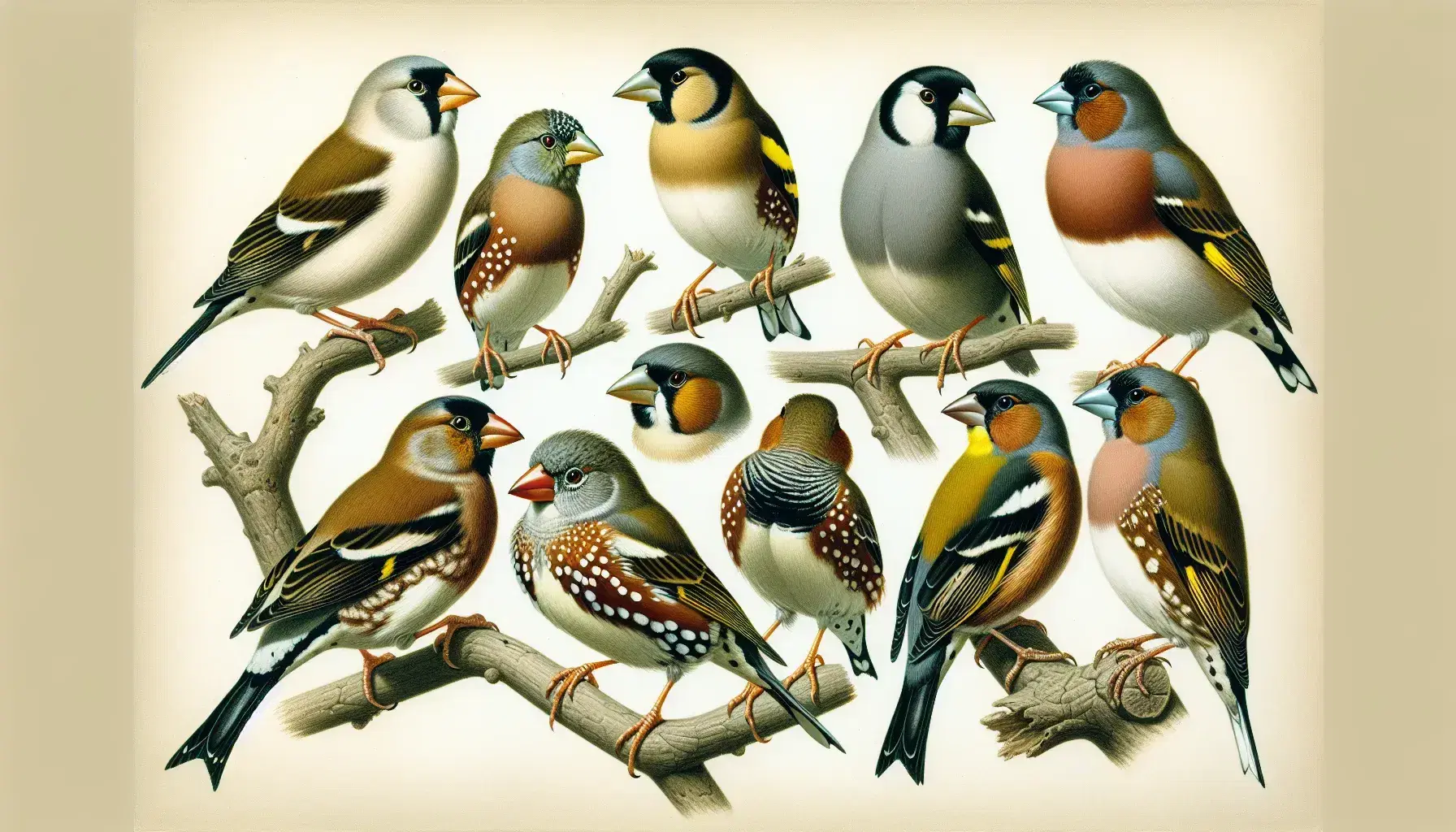 Diverse finches with varied beak shapes perched on a branch, highlighting adaptations in plumage color and beak morphology in a natural setting.