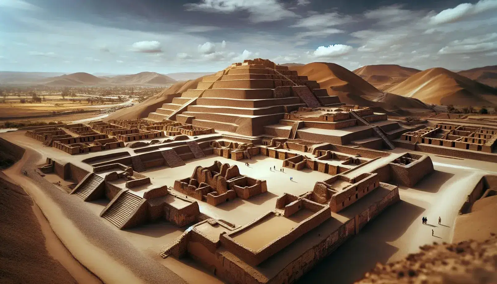 Vista panorámica de las ruinas de la antigua ciudadela Moche con pirámide truncada, murales desgastados y visitantes, bajo un cielo azul con nubes.