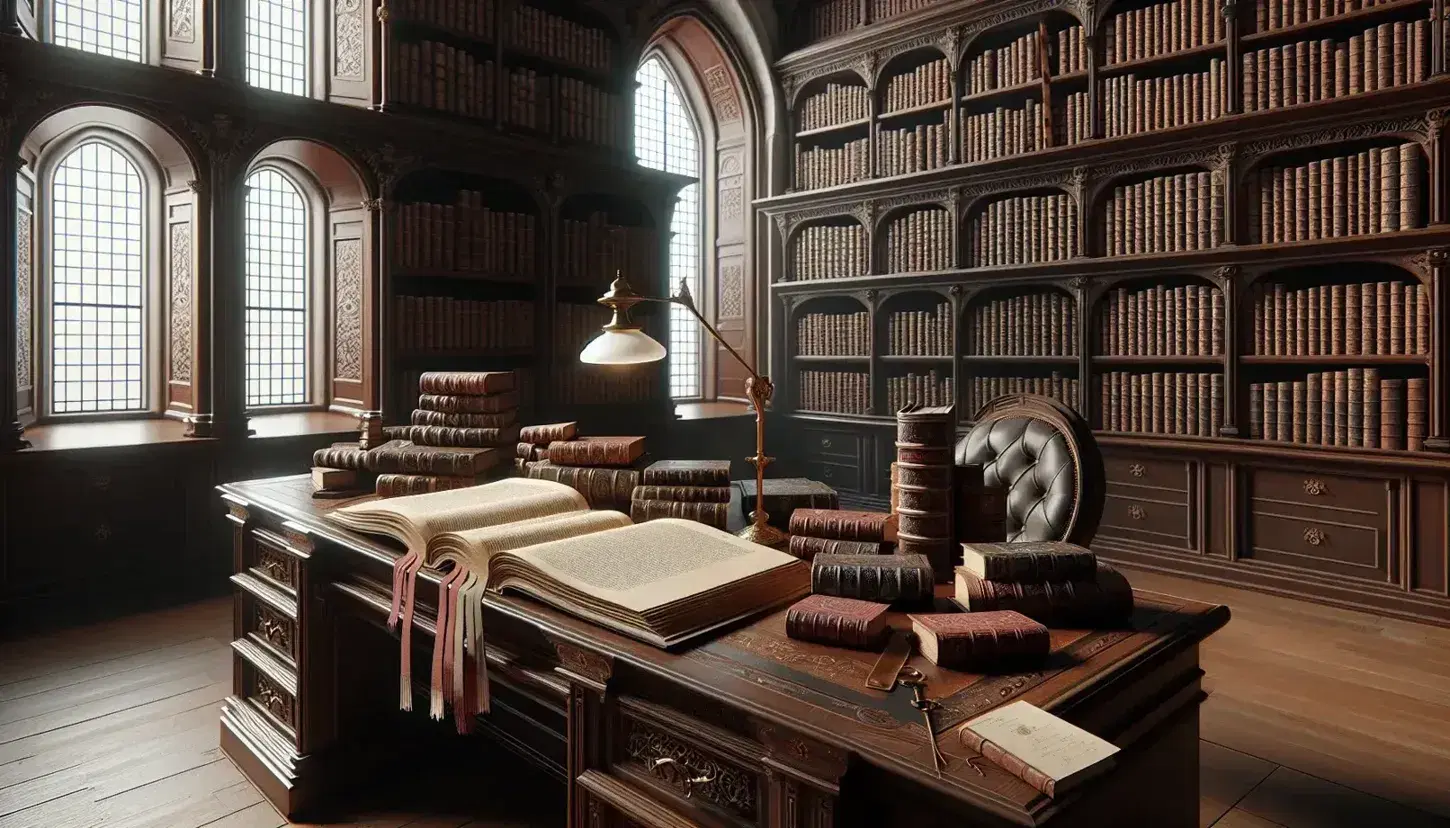 Biblioteca antica con scrivania in legno, libri rilegati, lampada in ottone, poltrona in cuoio e tappeto persiano.