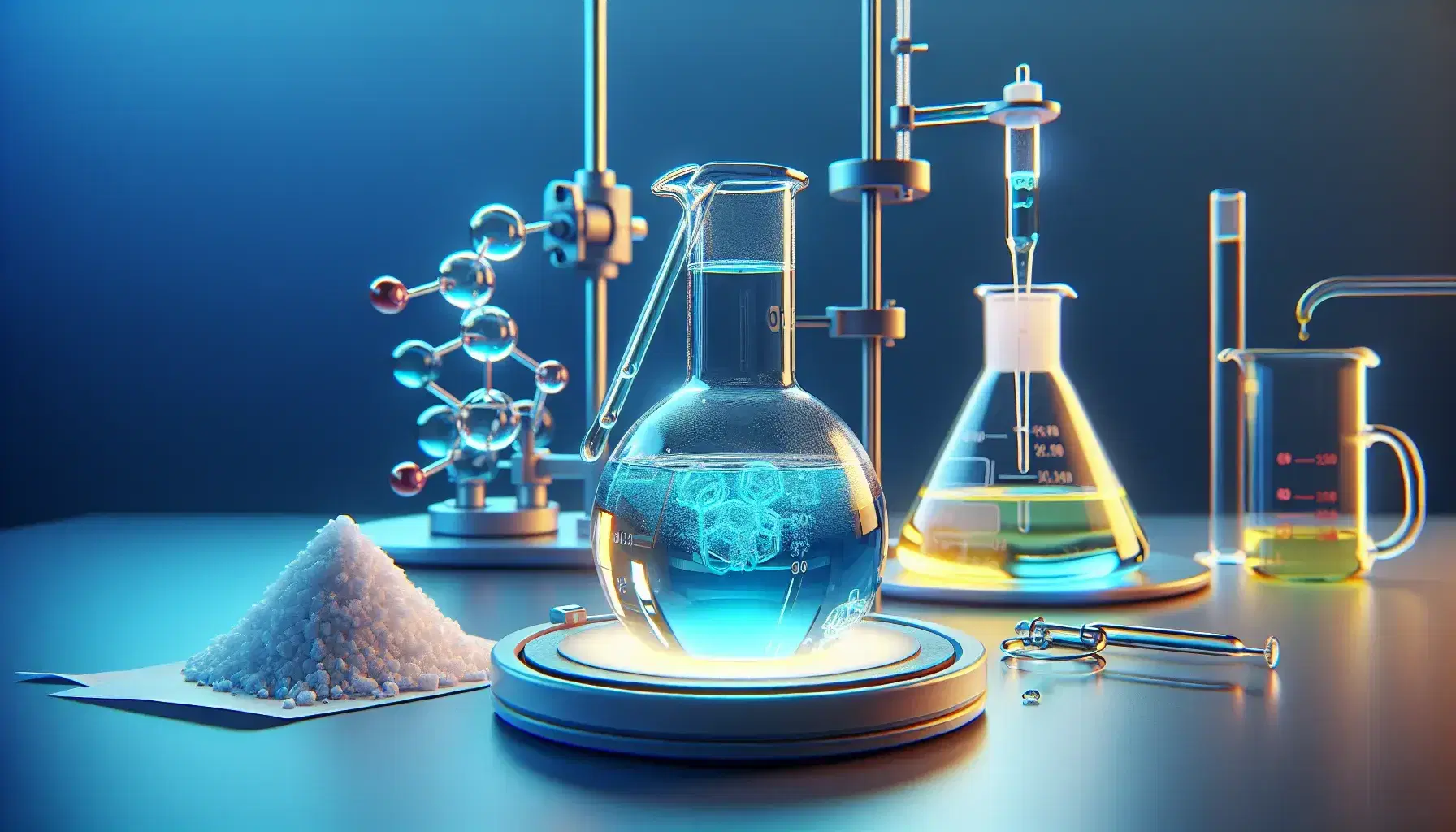 Glass beaker with blue liquid on heating plate, stirring rod, bottle with yellow solution and white crystals on laboratory paper.