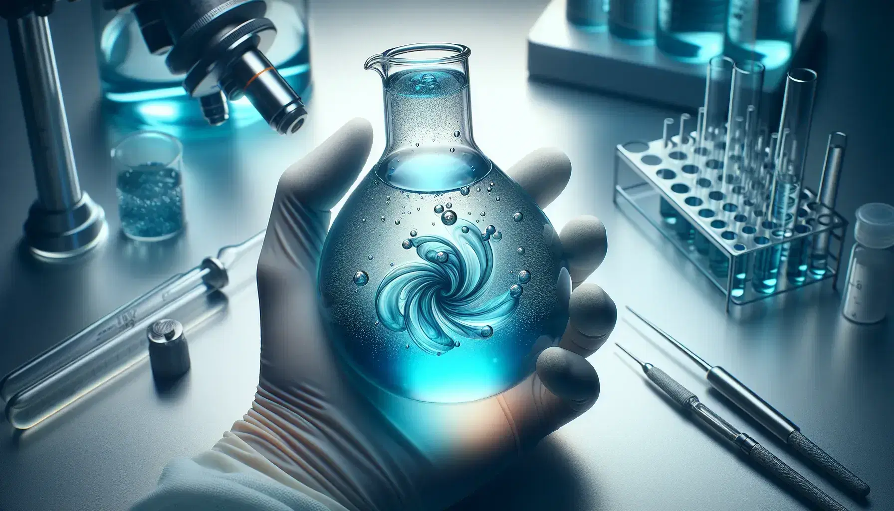 Close-up view of a latex-gloved hand holding a glass flask with a gradient blue liquid and bubbles, with blurred lab equipment in the background.