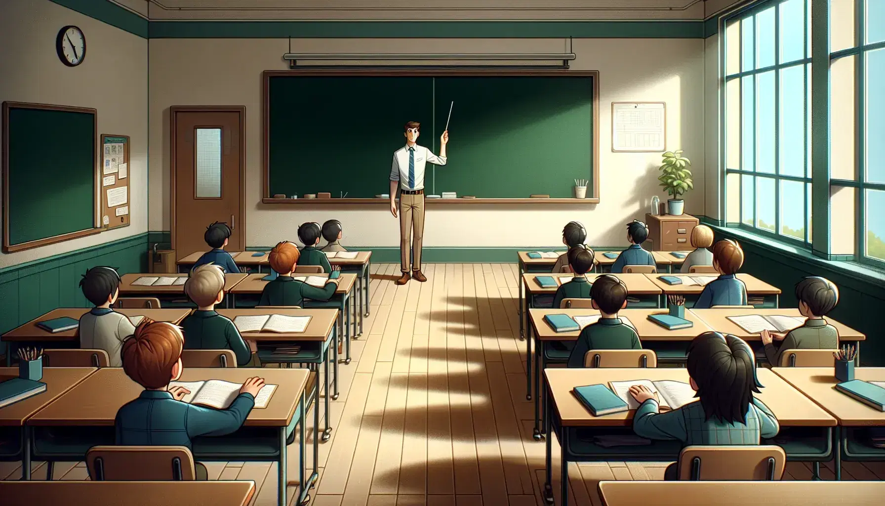 Insegnante in piedi davanti a lavagna verde vuota spiega lezione a studenti attenti seduti in aula scolastica illuminata e ordinata.