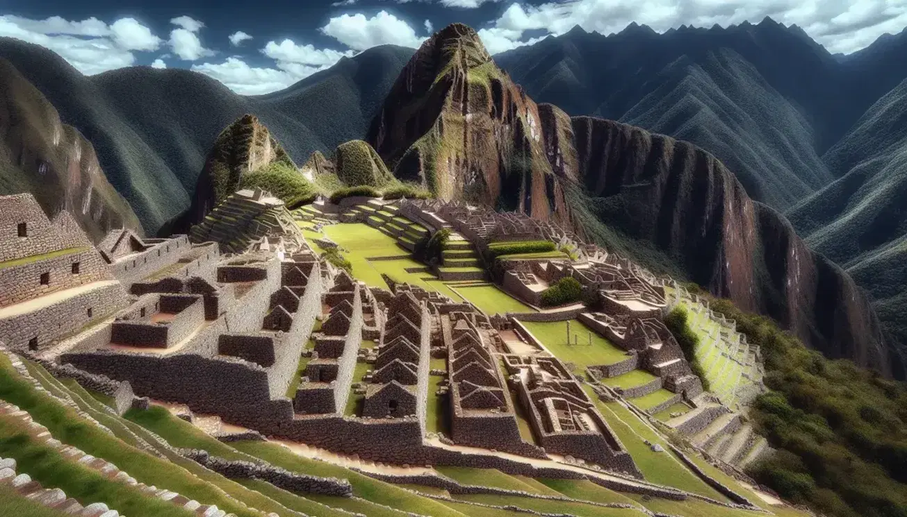 Vista panorámica de las antiguas ruinas de Machu Picchu con terrazas de piedra, estructuras sin techo y montaña afilada en fondo bajo cielo azul.