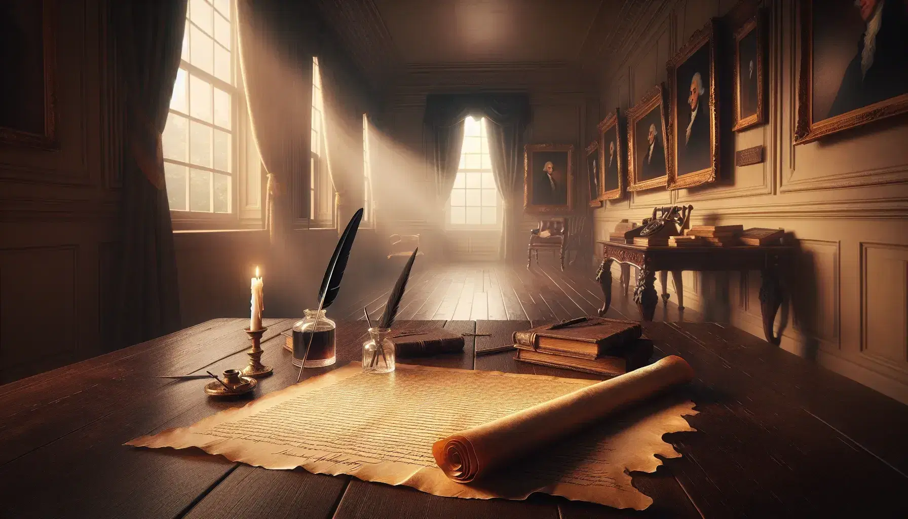 Rappresentazione artistica della Dichiarazione di Indipendenza USA con pergamena, penna d'oca e libri antichi su tavolo in legno, in una stanza d'epoca.