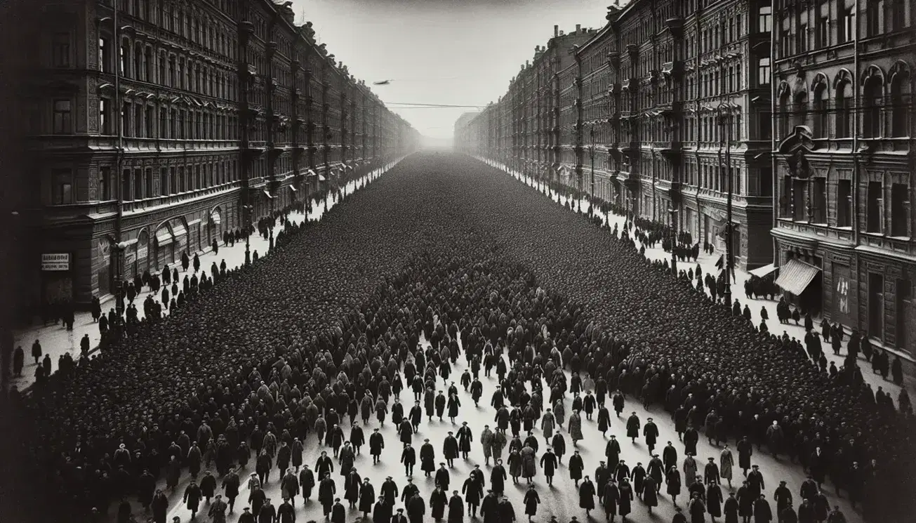 Folla in marcia su strada cittadina in foto d'epoca in bianco e nero, con edifici storici e persone con pugni alzati.