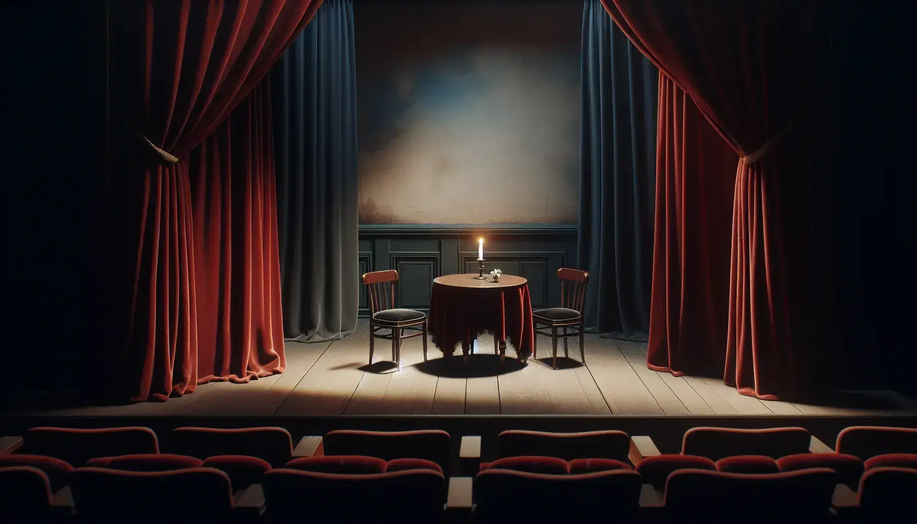 Intimate theater stage with red velvet curtains, a mahogany table, two chairs, and a white candle, set against a muted blue-gray backdrop, under warm lighting.