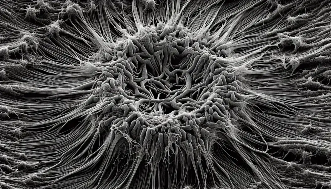 Micrografía electrónica de transmisión en blanco y negro mostrando la red compleja de fibras y estructuras tubulares de una célula eucariota, destacando su textura intrincada.