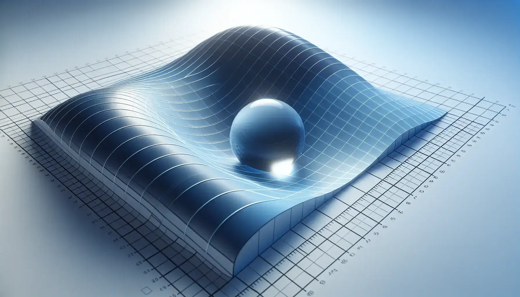 Three-dimensional gradient blue mathematical surface with a transparent sphere at its lowest point, casting a shadow under a light source.
