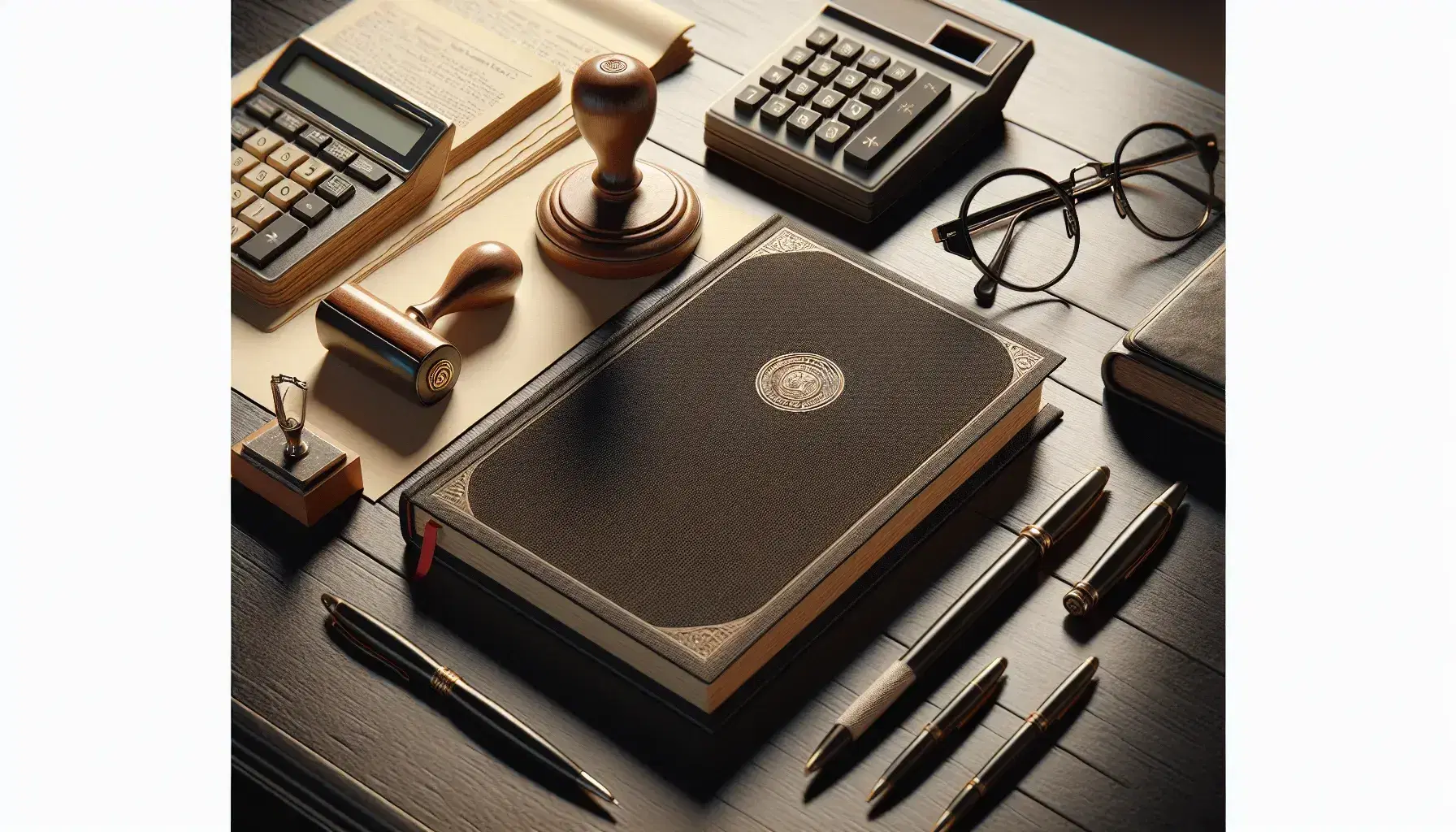 Escritorio de madera oscuro con libro abierto, calculadora, gafas, sello con tinta, bolígrafos metálicos y teléfono antiguo, en fondo crema.