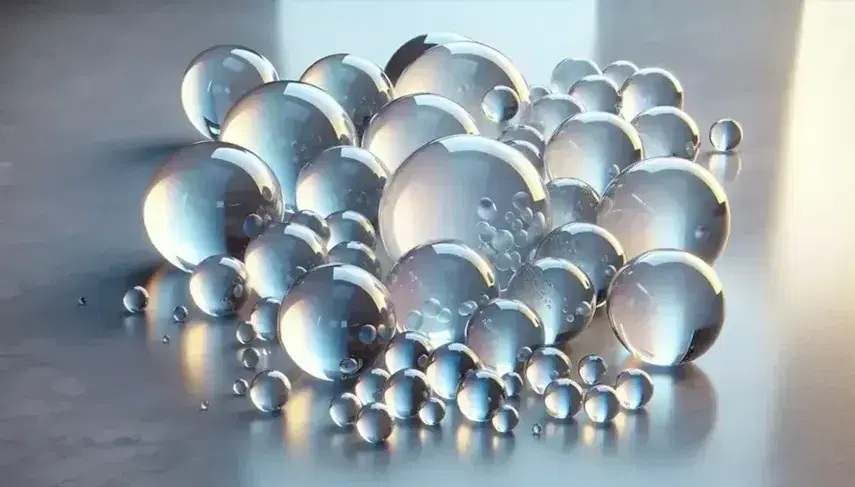 Sfere di vetro trasparenti di varie dimensioni su superficie riflettente grigia, con riflessi colorati e ombre, senza persone o oggetti riconoscibili.