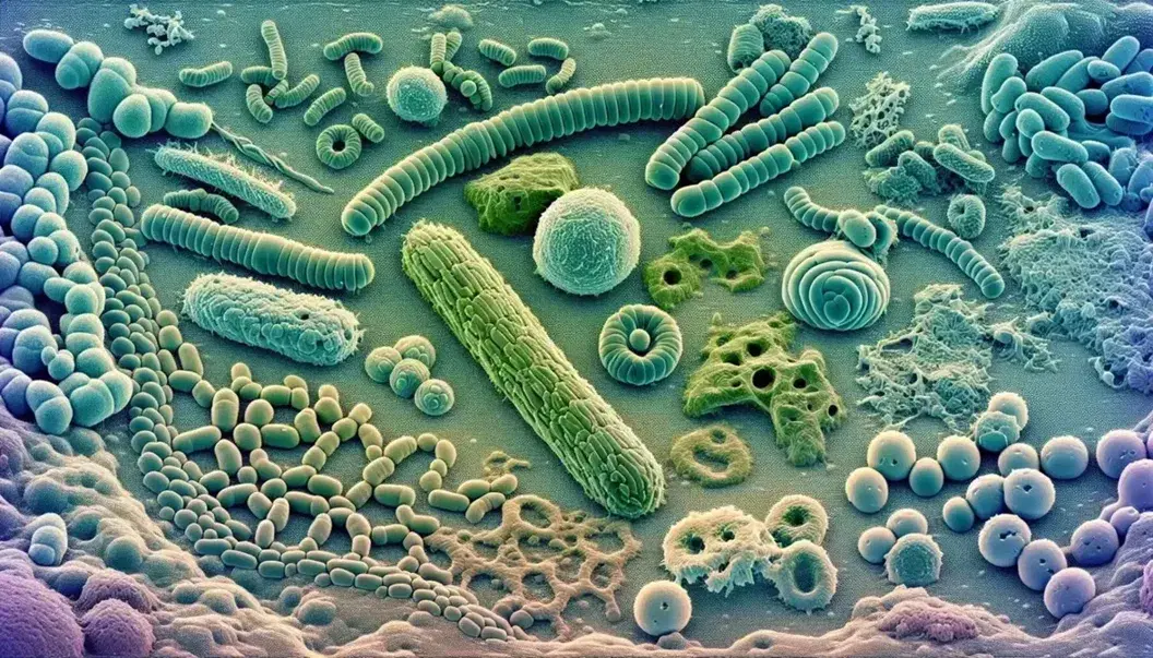 Vista microscópica de microorganismos en agua con bacterias en tonos verdes y azules, células de levadura moradas, estructura multicelular verde y tejido vegetal.