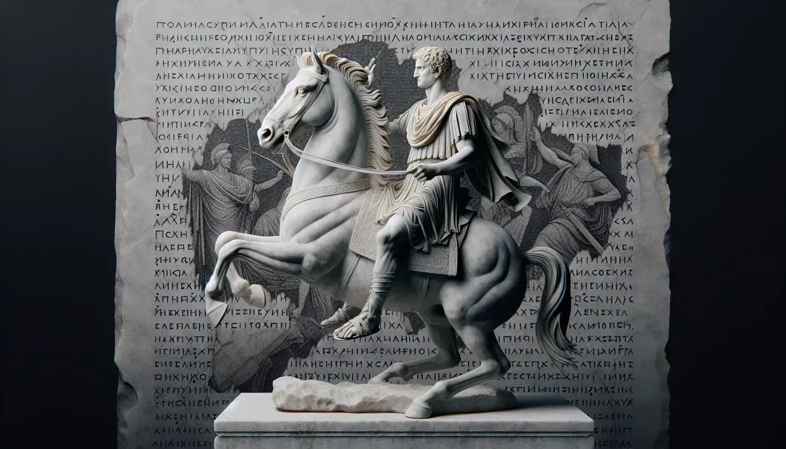 Statua in marmo bianco di leader militare a cavallo in posa eroica con sfondo di manoscritto greco antico inciso.