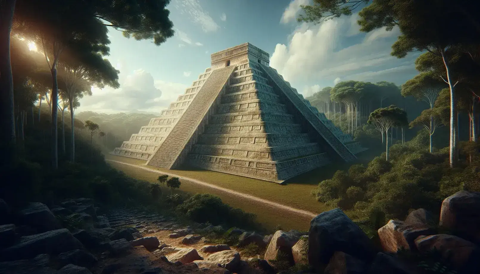 Piramide Maya in pietra calcarea circondata da giungla con scalinata ripida e tempio in cima sotto cielo azzurro nuvoloso.