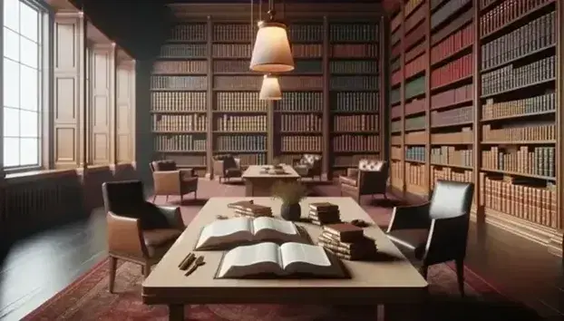 Biblioteca silenziosa con tavolo in legno chiaro, libri impilati, sedie imbottite e scaffali colmi di volumi rilegati sotto lampade pendenti.