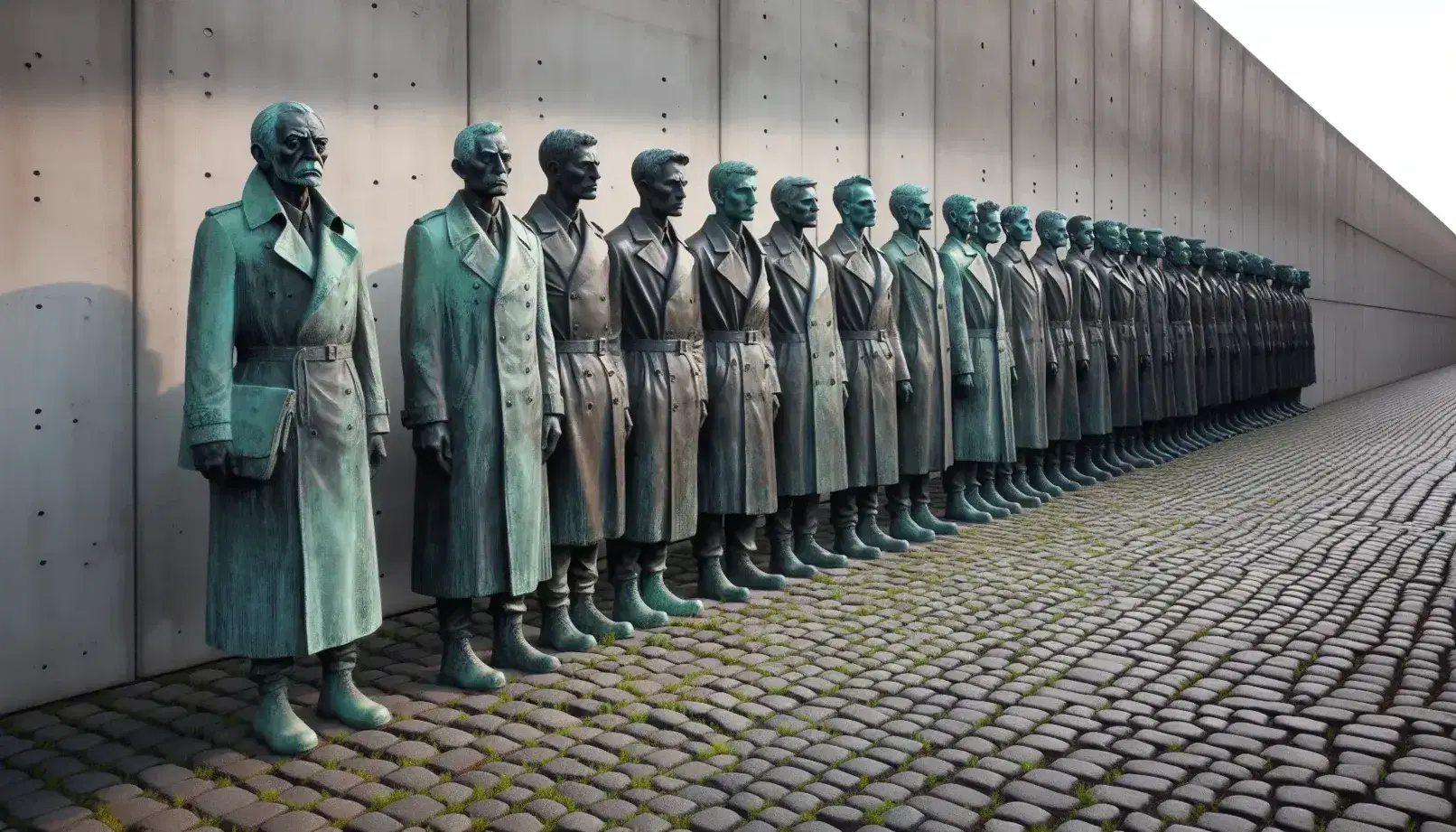 Estatuas de bronce a tamaño real de personas en uniforme militar antiguo, alineadas sobre adoquines con fondo de pared lisa y sombras alargadas.