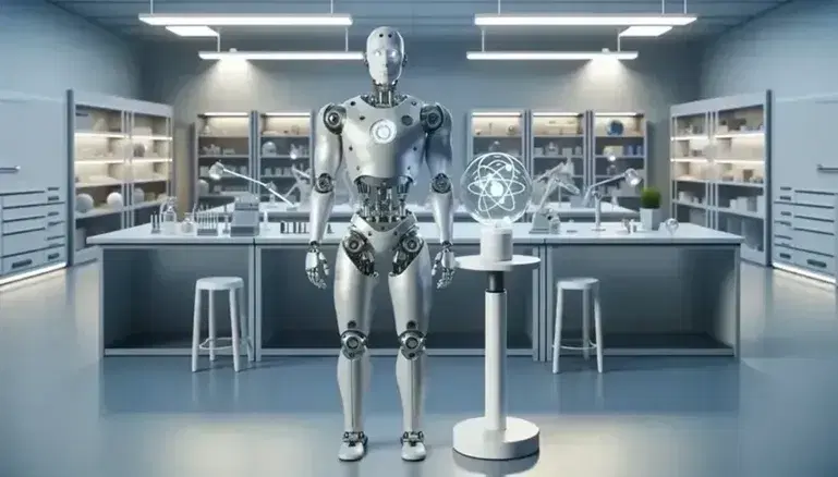 Robot humanoide en laboratorio con estructura metálica y paneles blancos, manos articuladas y ojos luminosos, junto a mesa con modelo de átomo y planta verde.