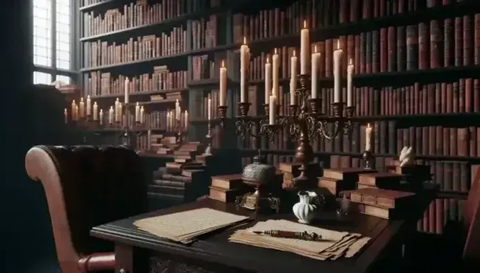 Biblioteca antigua con estanterías de madera oscura llenas de libros, mesa central con candelabro de bronce y sillas con cojines de terciopelo rojo, tintero de porcelana y papeles en primer plano.