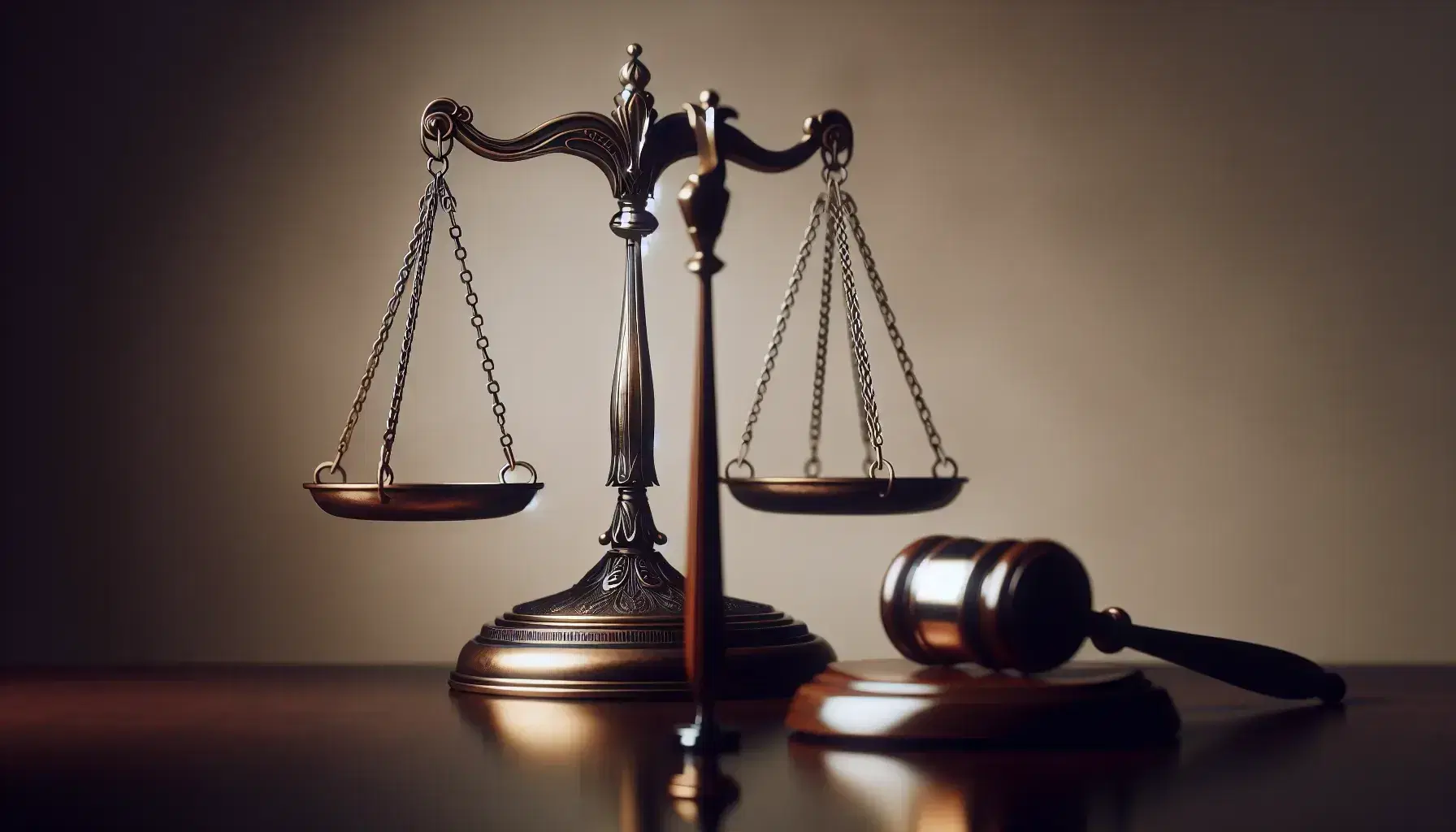 Balanza de justicia de bronce en equilibrio sobre mesa de madera oscura con mazo de juez a la derecha, reflejando un enfoque en la imparcialidad y la ley.