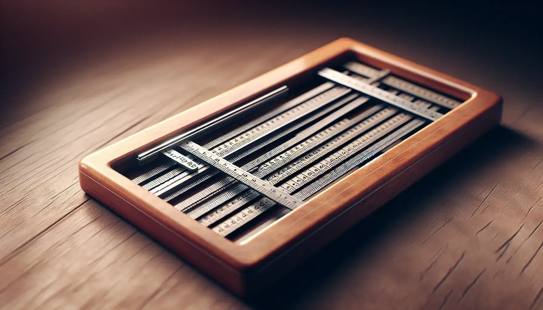 Close-up view of a wooden slide rule with a transparent cursor aligned on etched scales, set against a blurred neutral background, highlighting the wood's texture.