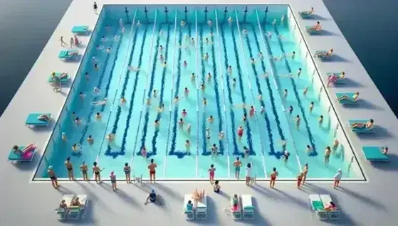 Vista aérea de piscina olímpica con personas aprendiendo a nadar y un nadador practicando estilo libre, rodeada de sombrillas y vegetación.