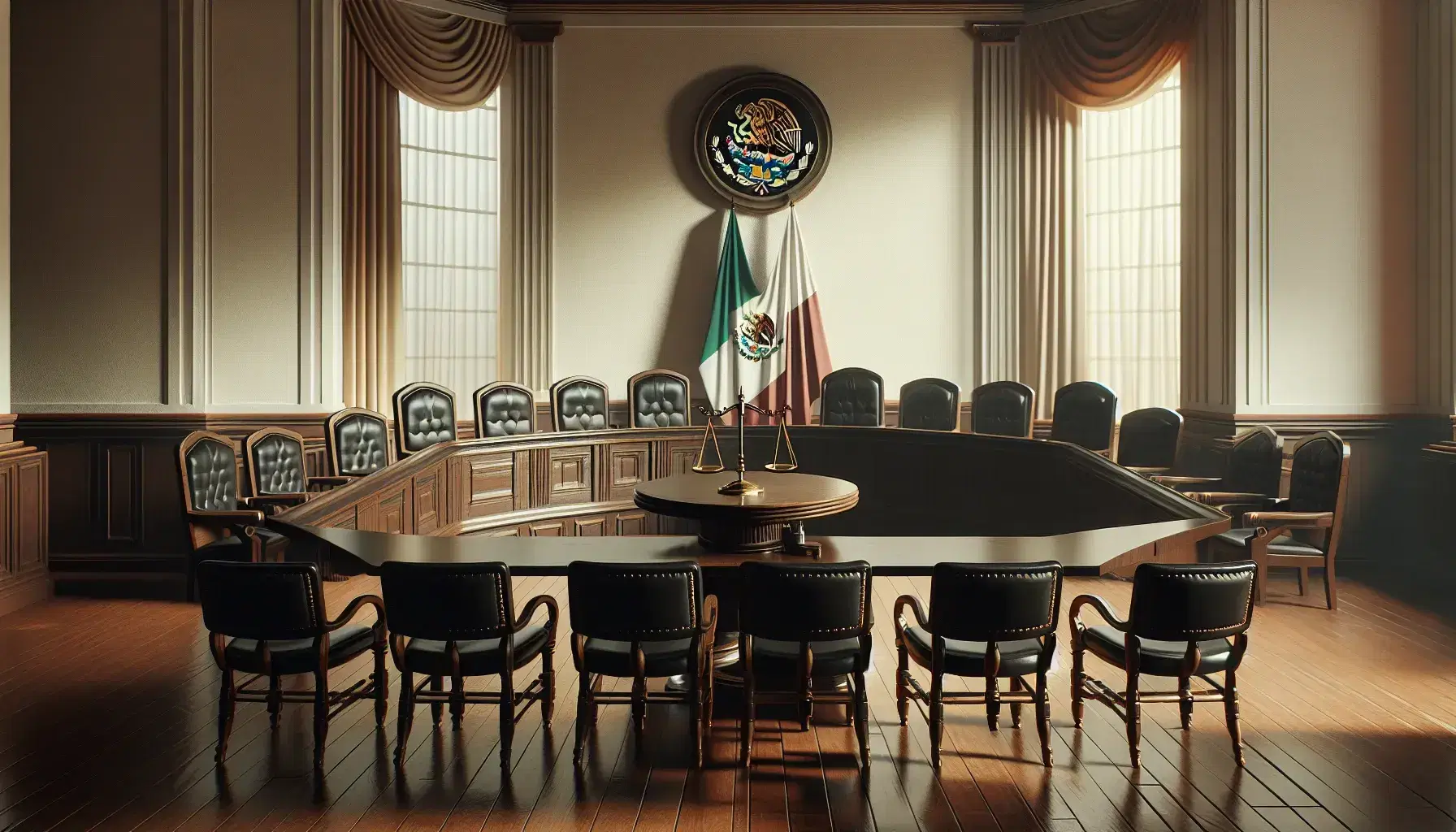 Sala de audiencias de un juzgado con paredes beige, suelo de madera oscura, mesa central, sillas con cojines negros, bandera de México y balanza de la justicia.