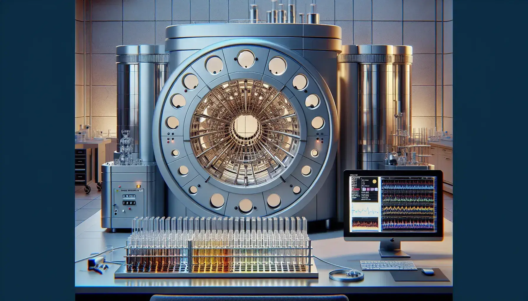 Modern nuclear magnetic resonance spectrometer in laboratory with test tubes containing colored liquids and workstation with graph on monitor.