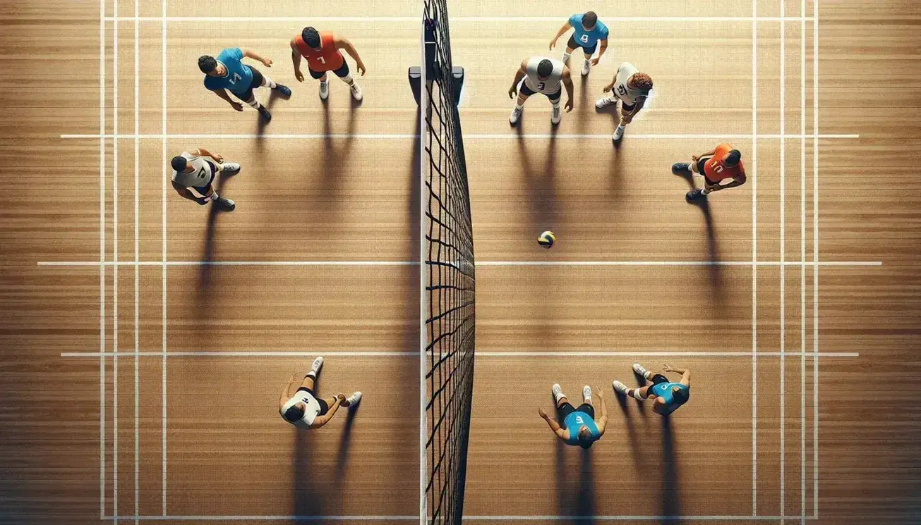 Partido de voleibol en cancha con jugadores en acción, uno saltando para golpear el balón sobre la red, otros en posición de espera, uniformes coloridos, iluminación artificial.