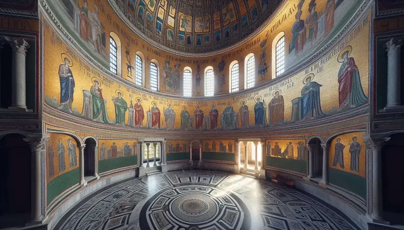 Interno della Basilica di San Vitale a Ravenna con mosaici dorati sulla cupola, pareti decorate e pavimento marmoreo geometrico.