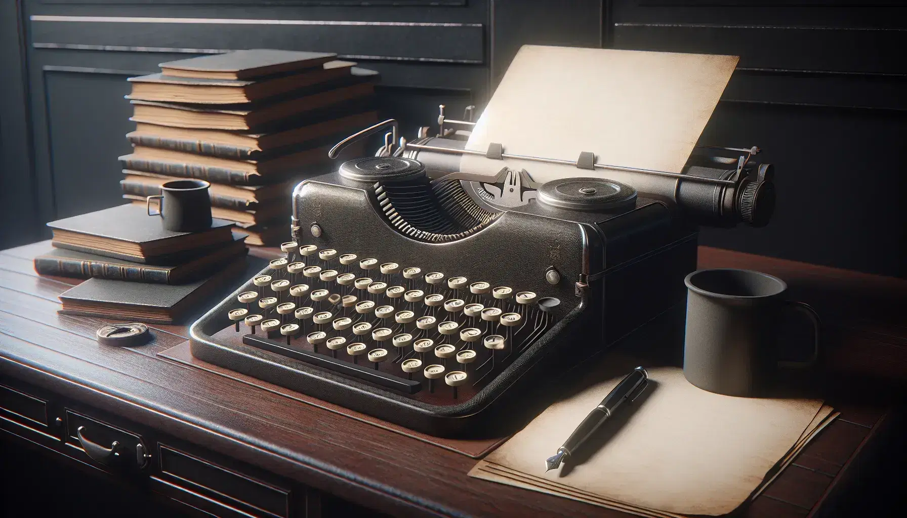 Macchina da scrivere vintage su scrivania in legno scuro con fogli bianchi, penna stilografica e tazza grigia, sfondo di libreria sfocata.