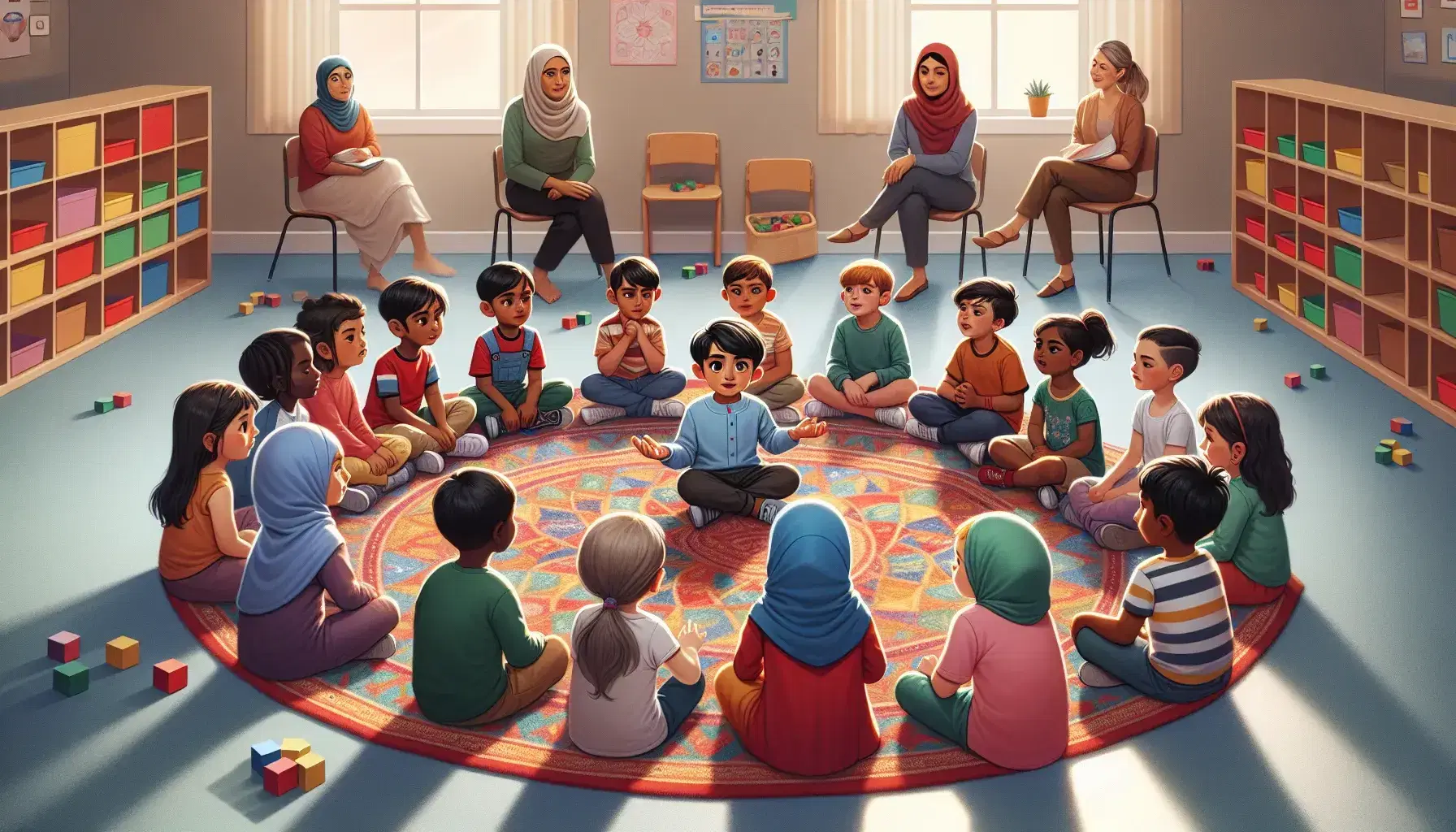 Diverse group of children engaged in a discussion on a colorful classroom rug, with a teacher observing, and educational toys scattered around.