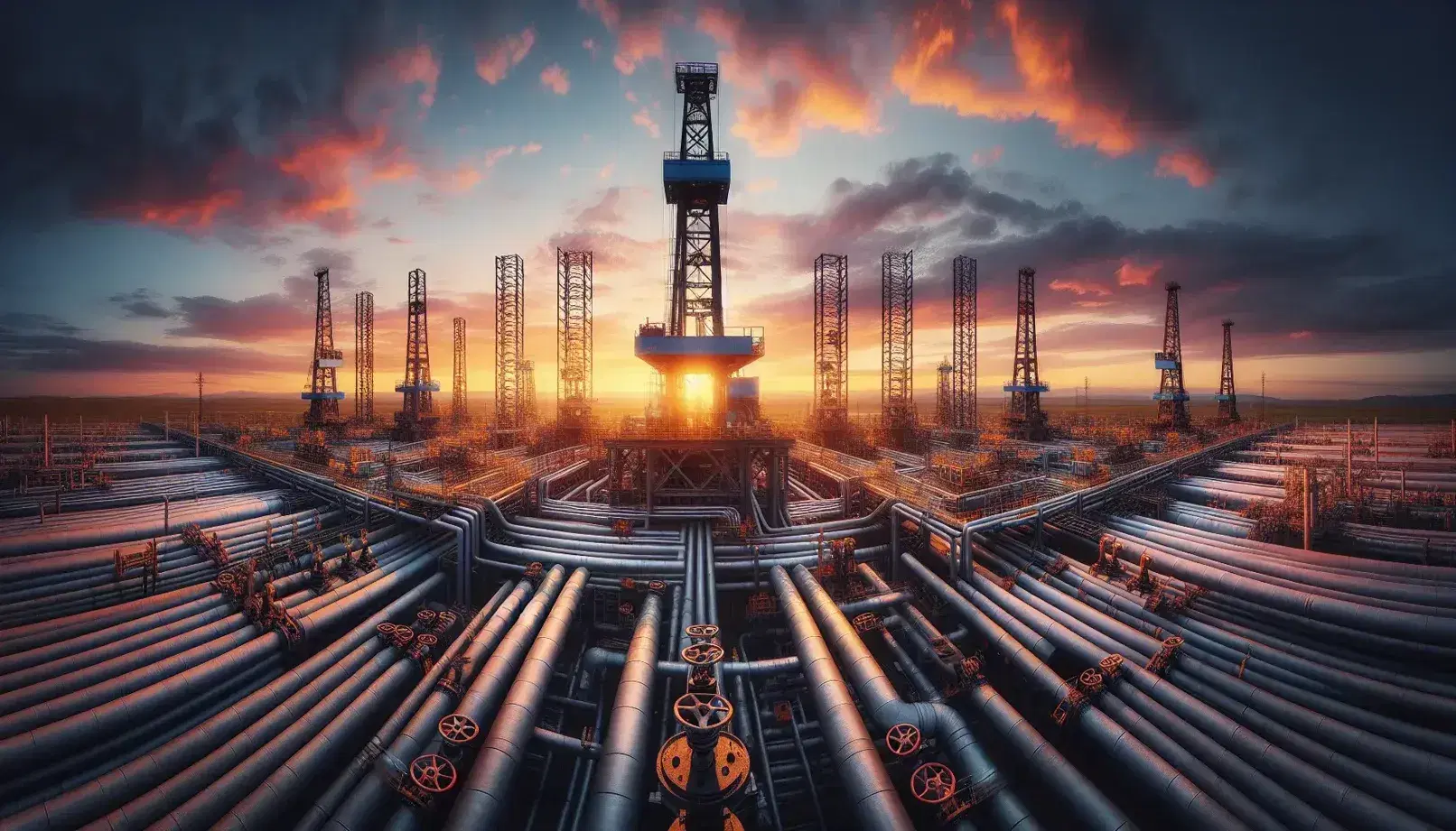 Campo petrolífero al atardecer con torres de perforación en silueta, cielo anaranjado y rosado, y tuberías metálicas entrecruzadas en un paisaje árido.