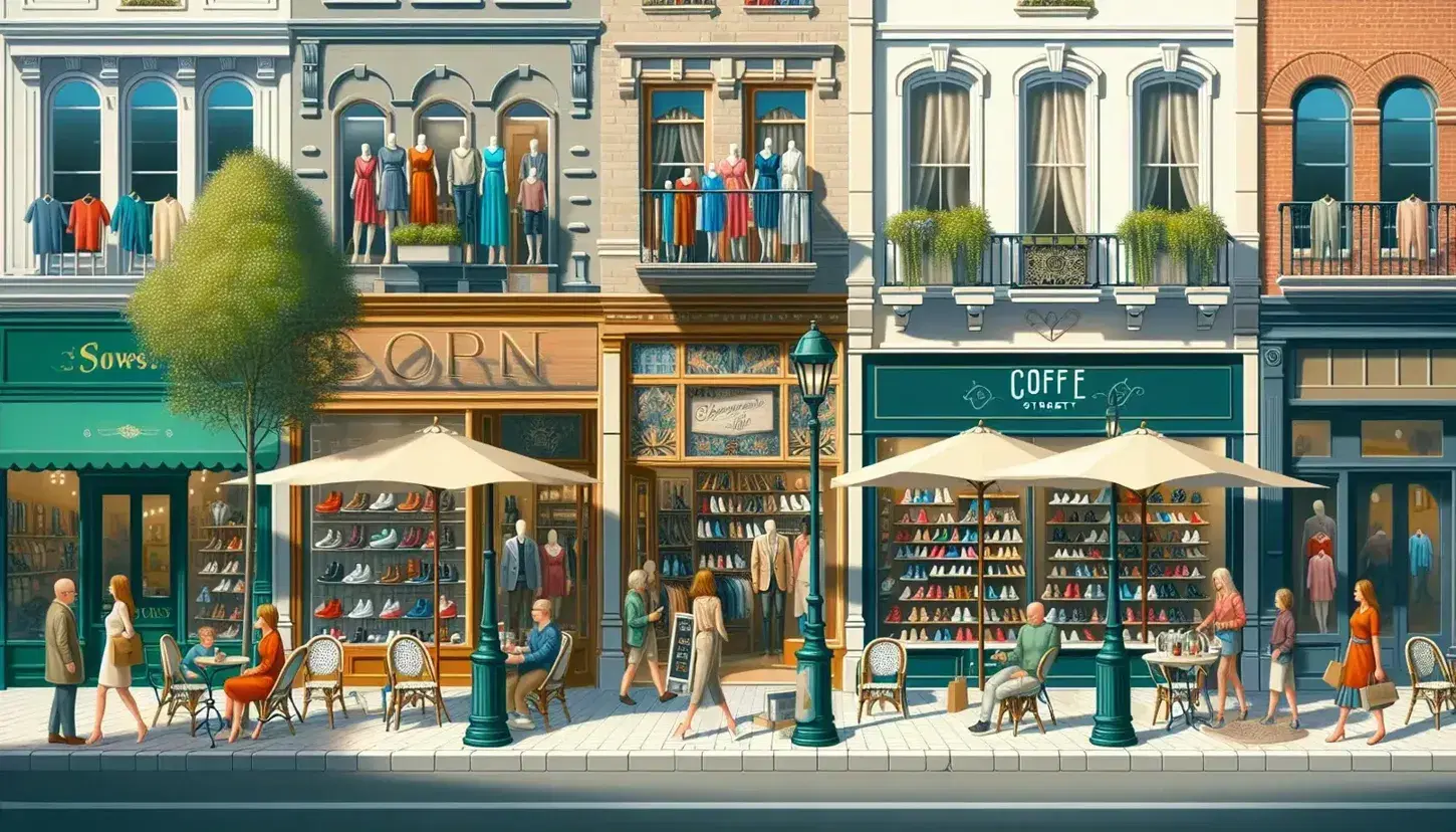 Calle comercial con tiendas de ropa y zapatos, cafetería con mesas al aire libre y personas disfrutando del día soleado, árboles verdes y farolas antiguas.